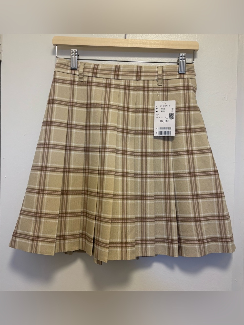 Japanese Beige Plaid Pleated Skirt Size L